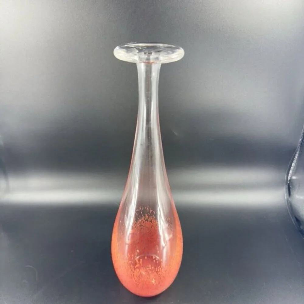 Vintage Hand Blown Bottle Vase Long Neck Red Spots Hand Made‎ Glass Vase Signed